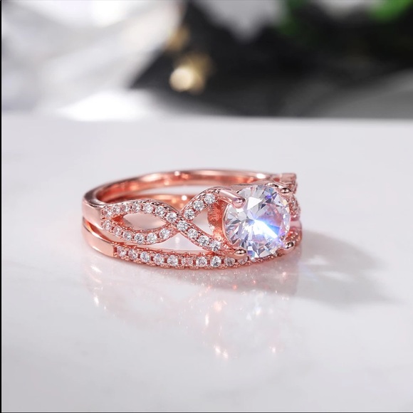 New Lovely 2 Pc Set Rose Gold Plated Diamond Ring - Picture 4 of 6